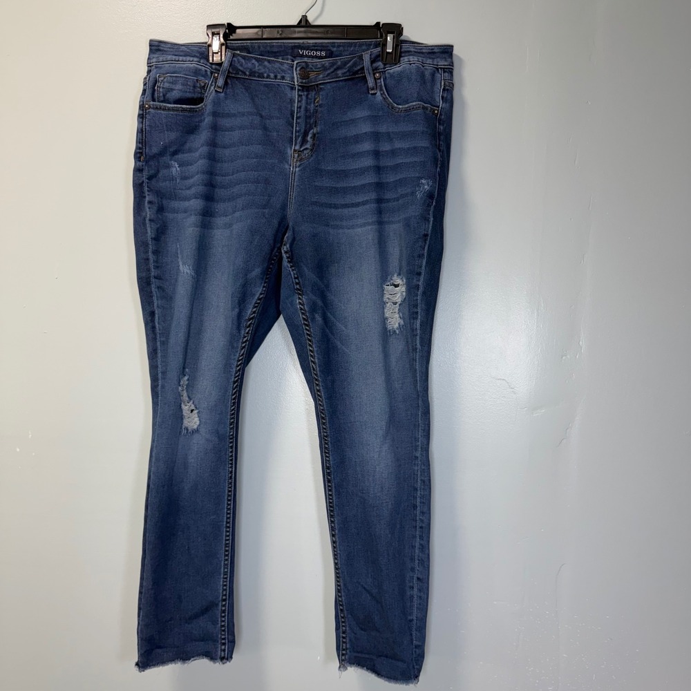 Vigoss Jagger Skinny Distressed Jeans 'Whatever'‎ Embroidered Hem Size 16 L27